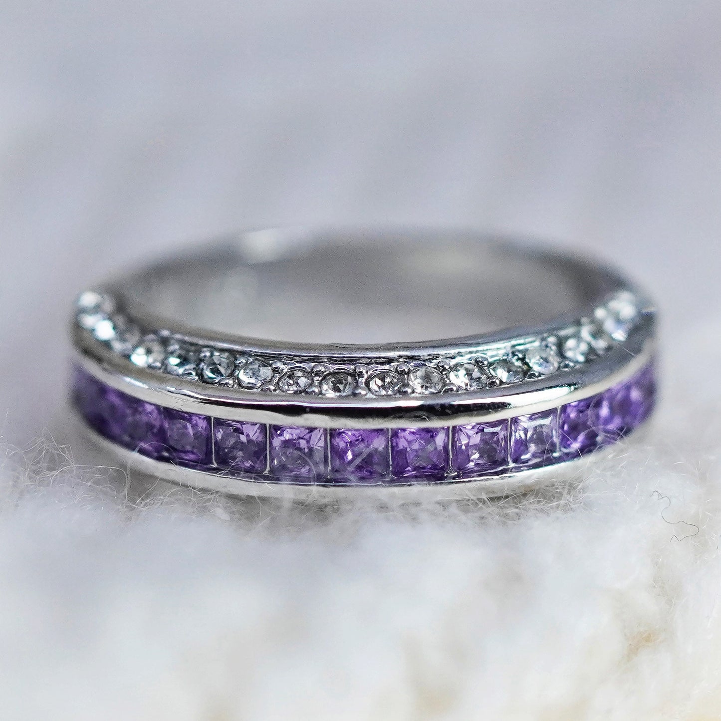 Size 7, vtg Sterling silver handmade cocktail ring, 925 band cluster amethyst