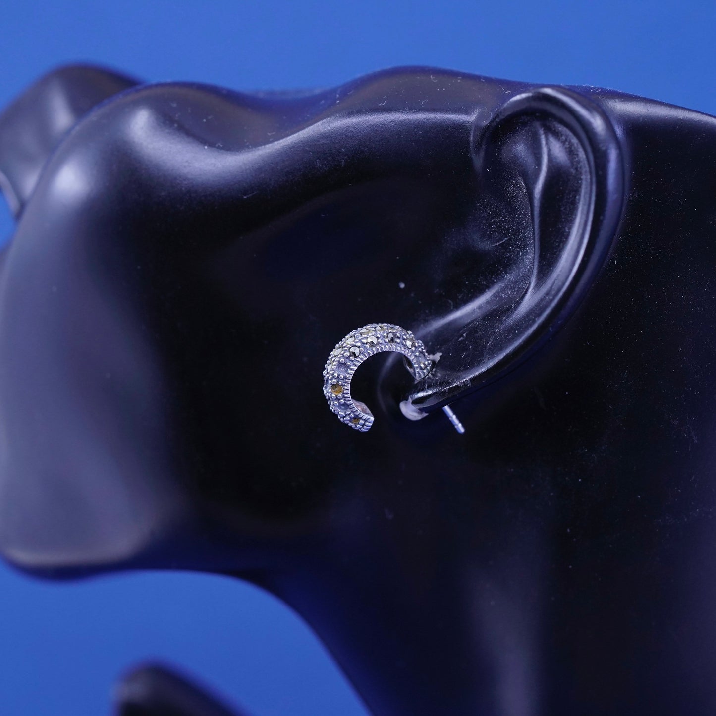 0.5”, Sterling silver handmade earrings, 925 hoops w/ marcasite details, huggie