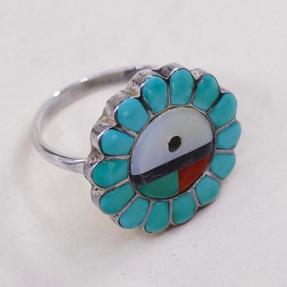 sz 7.25, sterling 925 silver Zuni Tewa sun handmade ring w/ coral n turquoise