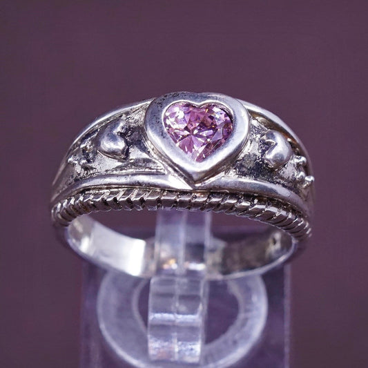 sz 10.25, vtg sterling silver handmade ring, pink crystal heart 925 band