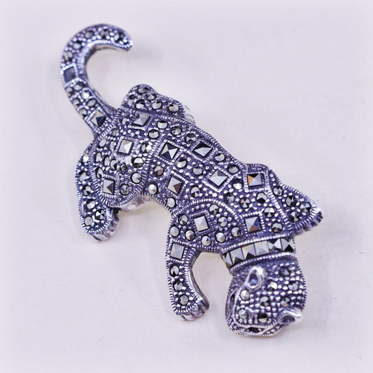 Vintage Sterling silver handmade brooch, 925 cat leopard puma w/ Marcasite ruby