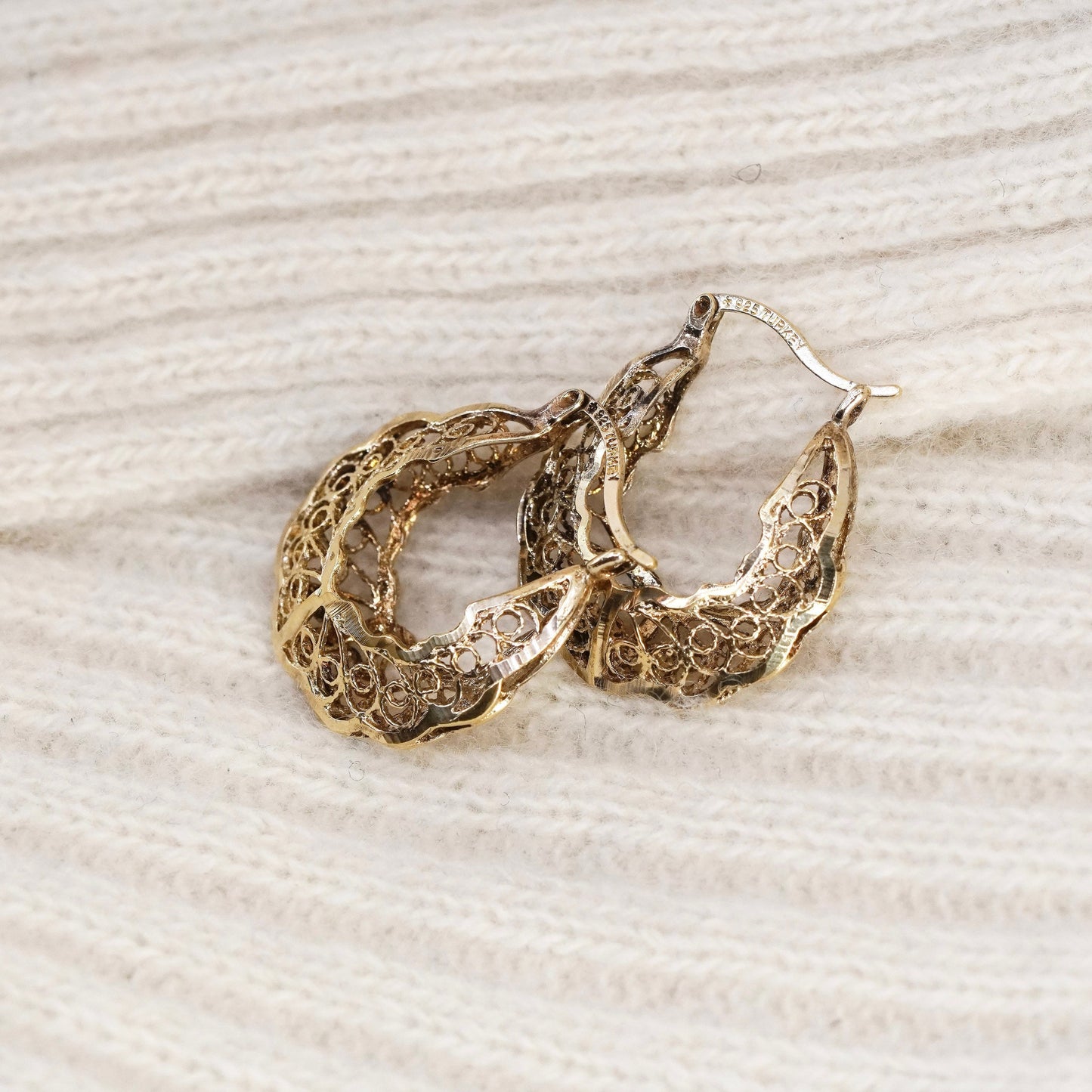 1” turkey vermeil gold over sterling silver filigree earrings, huggie hoops