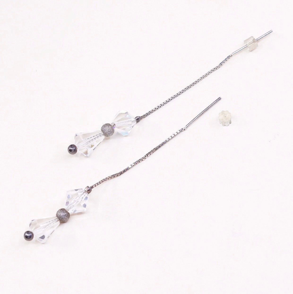 vtg sterling silver handmade earrings, 925 fringe w/ crystal beads Dangles