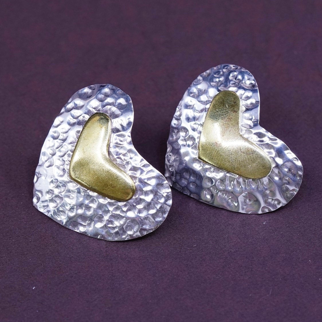 vtg Two Tone Sterling silver handmade earrings, mexico 925 heart studs