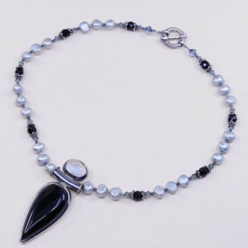 16” Handmade Sterling 925 Silver pearl Necklace W/ Obsidian Moonstone Pendant