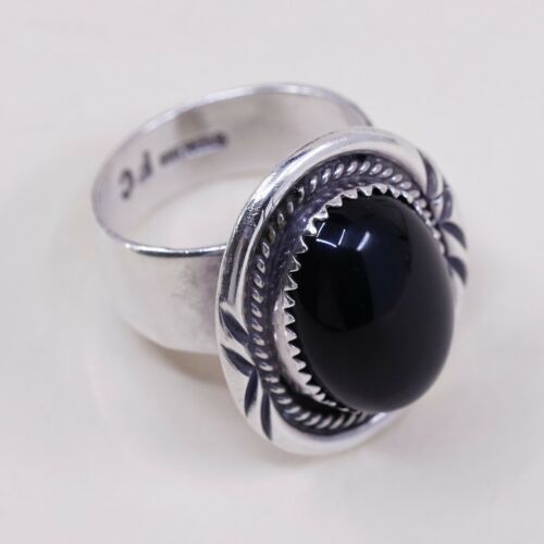 Sz 8, Native American Navajo Sterling 925 Silver Handmade Ring W/ Obsidian