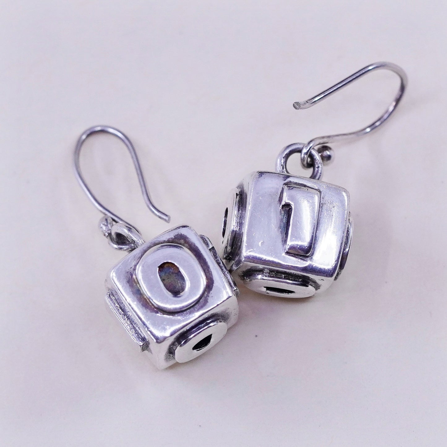 Vintage Sterling 925 silver handmade earrings, cube dangle with 0101 relief