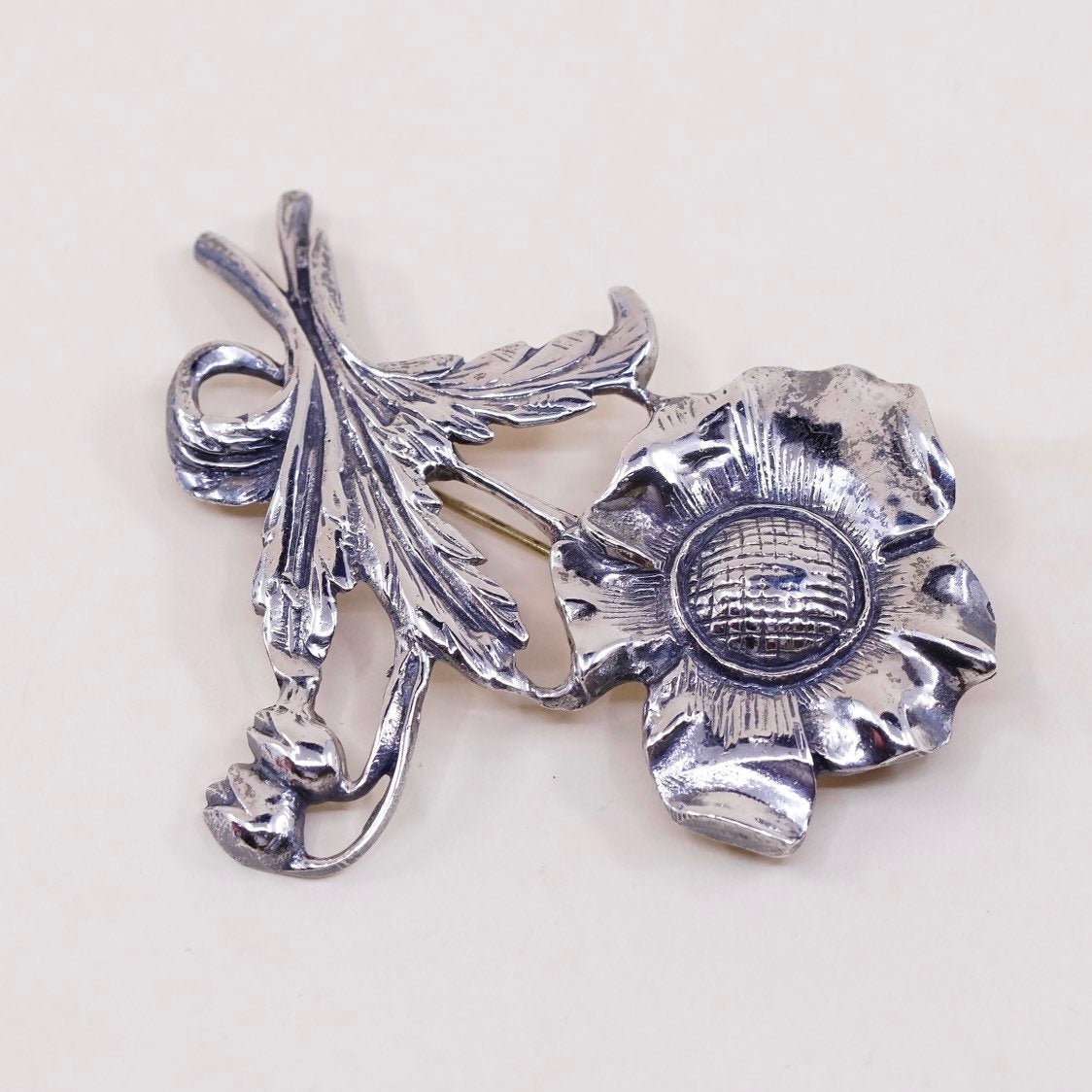 Vintage sterling silver handmade brooch, solid 925 silver flower pin