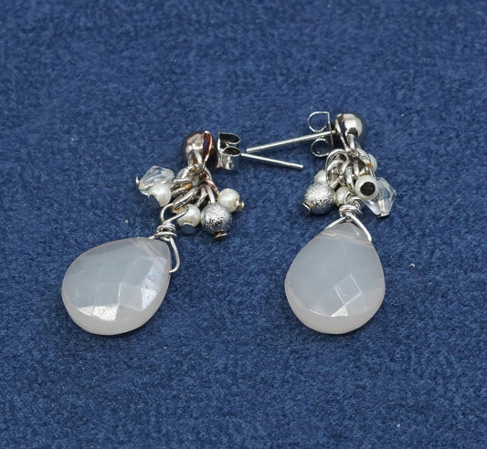 vtg sterling silver handmade earrings, 925 w/ pink quartz drop N pearl