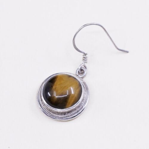 Vtg Sterling Silver Handmade Earrings, 925 Silver W/ Round Golden Tiger Eye