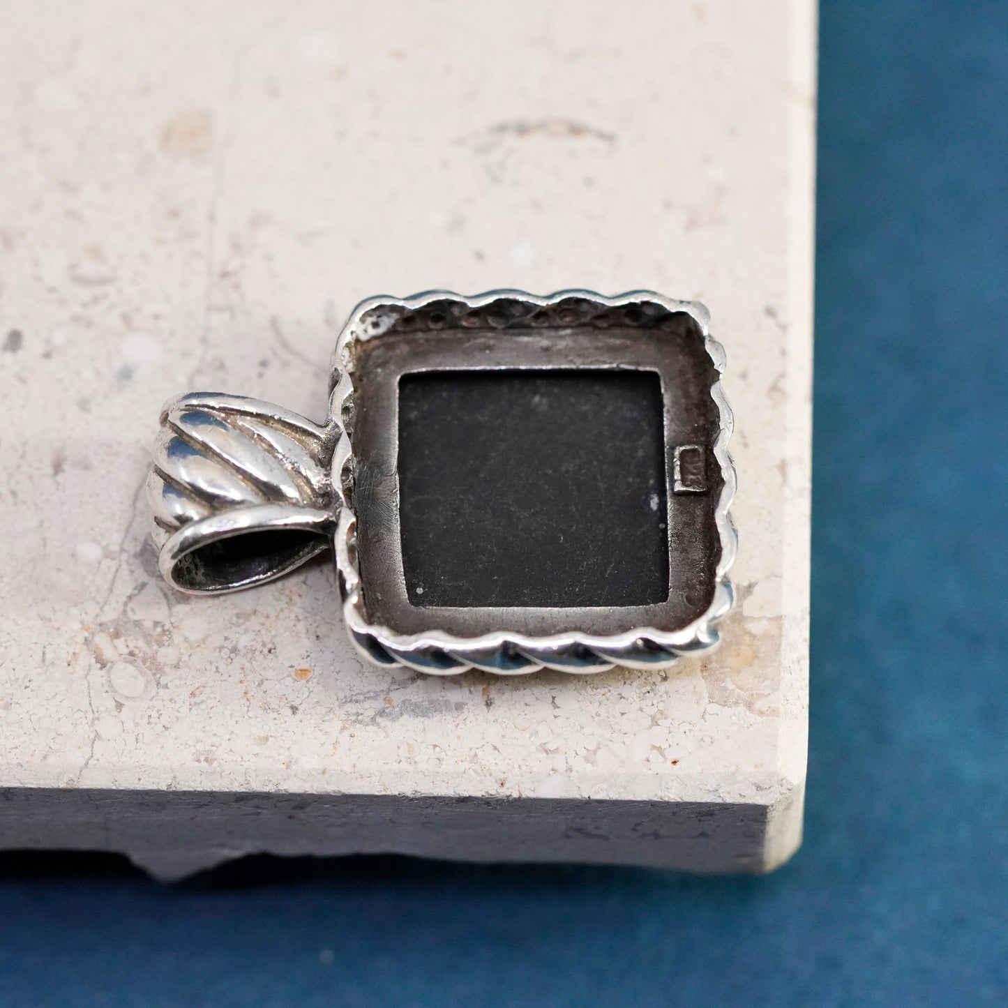 Vintage Sterling 925 silver handmade square pendant with onyx