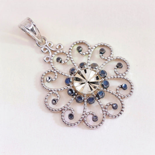 vintage sterling silver handmade pendant, 925 filigree flower with Marcasite