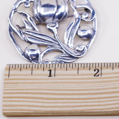 VTG Sterling Silver Handmade Flower Floral Tulip W/ Leaves Brooch Pin