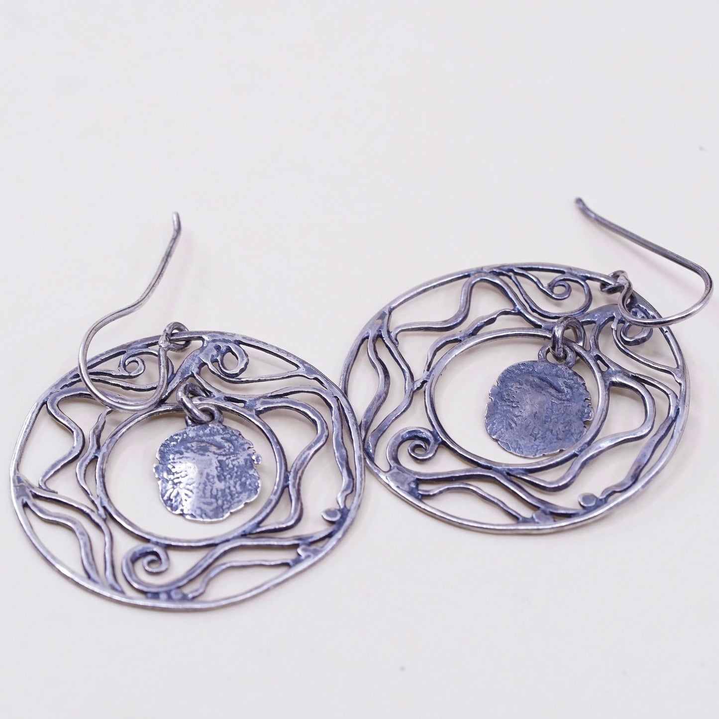 Vintage Sterling silver handmade earrings, 925 filigree circle dangles