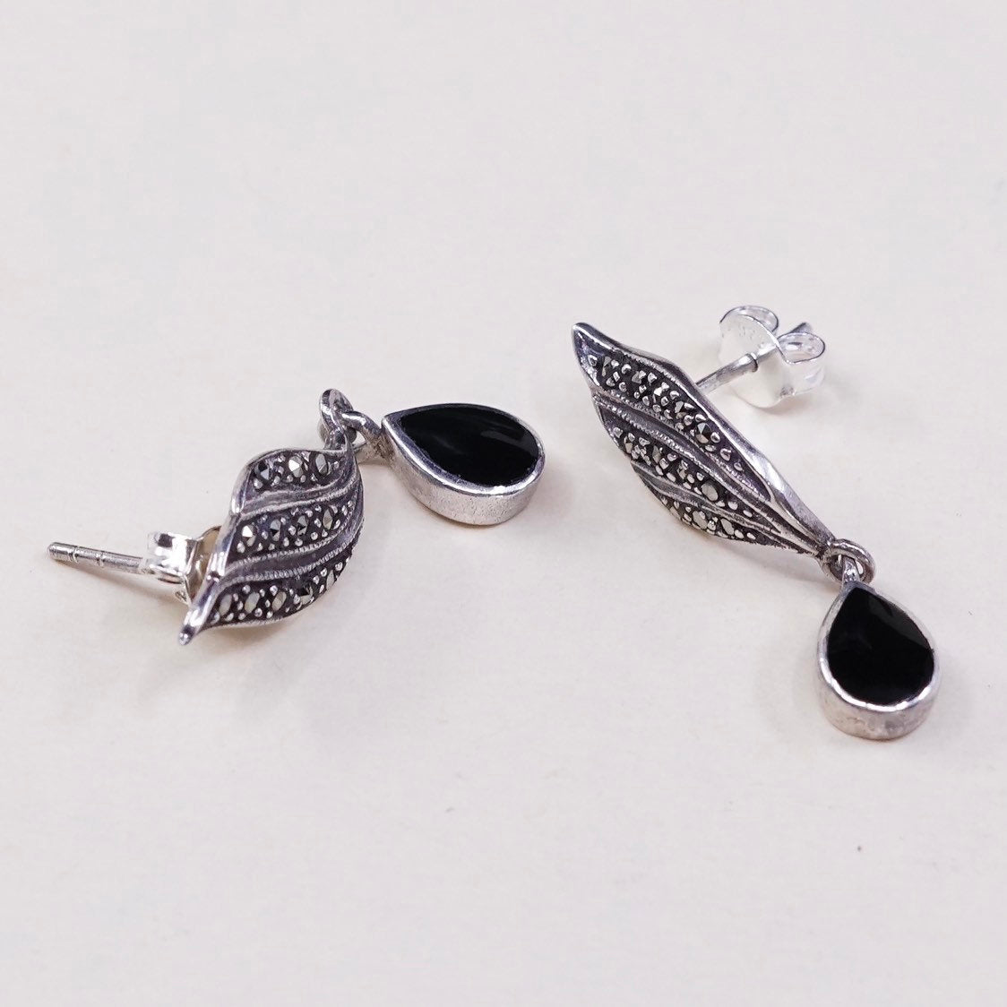 vtg Sterling silver handmade earrings, 925 drops w/ obsidian n marcasite