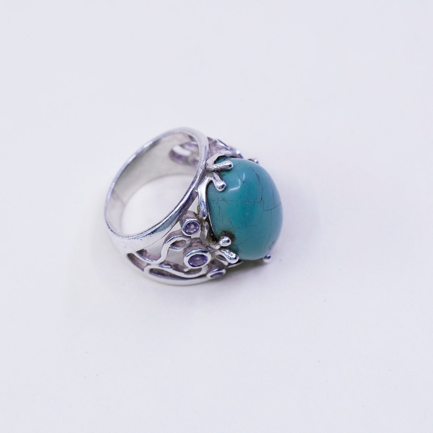 Size 7.25, Vintage sterling 925 silver filigree ring w/ turquoise and amethyst