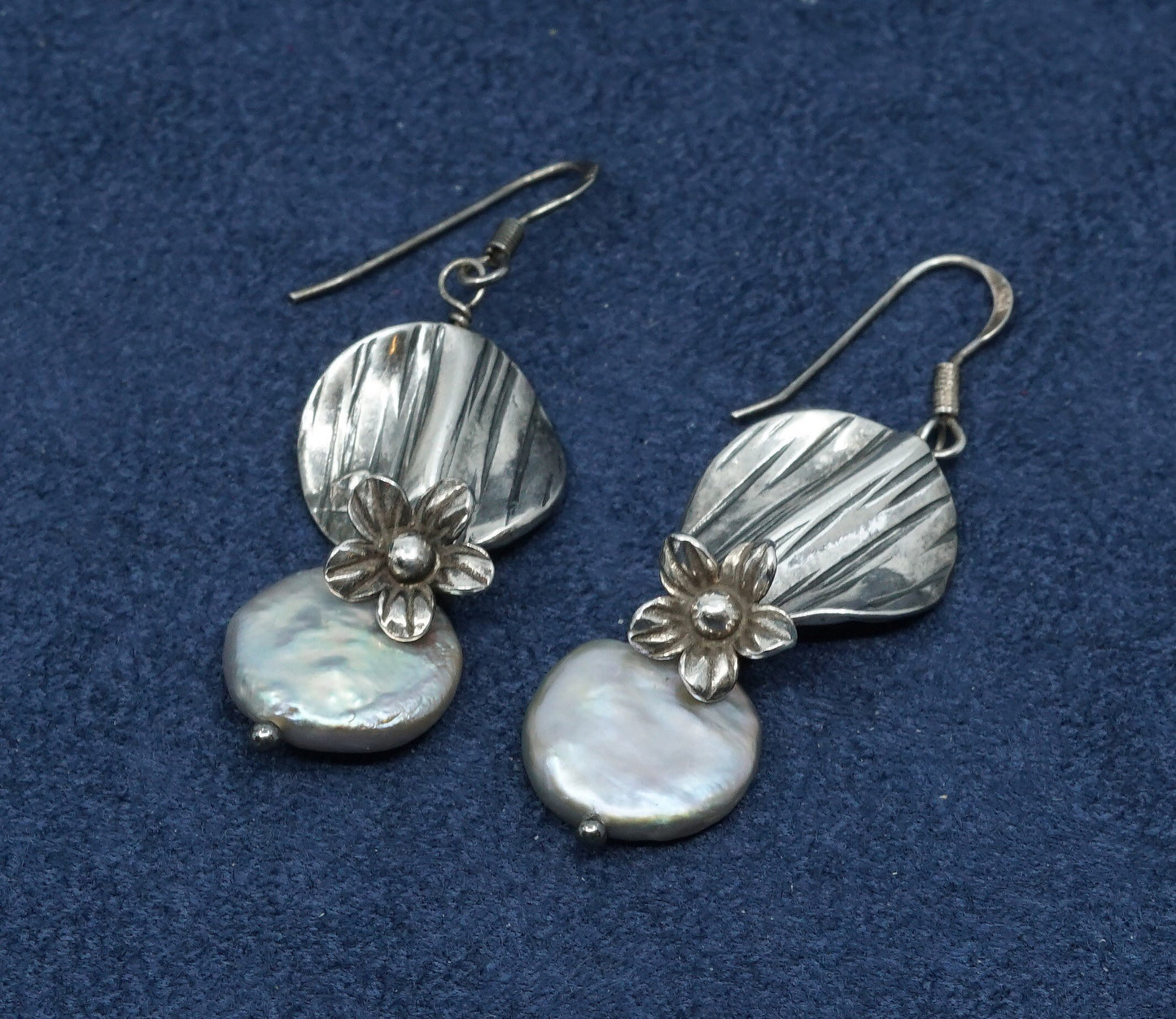 vtg Sterling silver handmade earrings, 925 w/ pearl dangles N flower