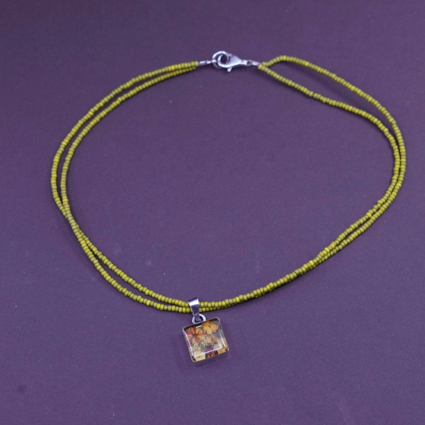 15”, sterling silver handmade necklace, 925 heishi chain resin flower pendant
