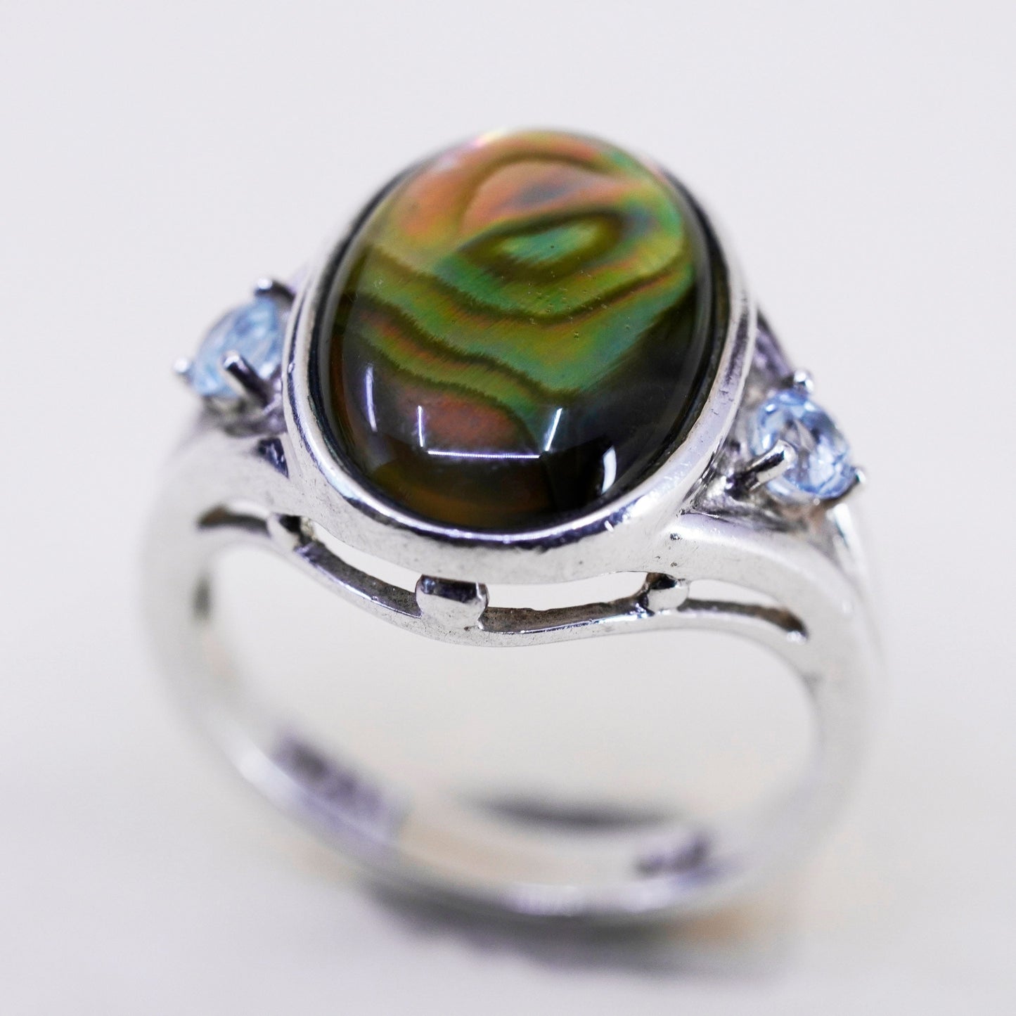 Size 6.25, Vintage sterling 925 silver handmade ring with oval abalone topaz