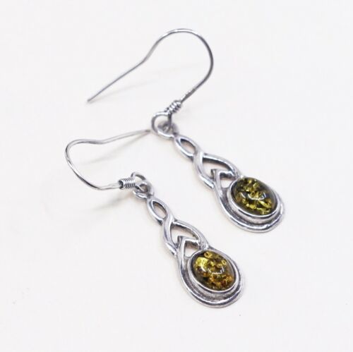 Vtg Sterling Silver Handmade Amber earrings, 925 silver dangles, Stamped 925