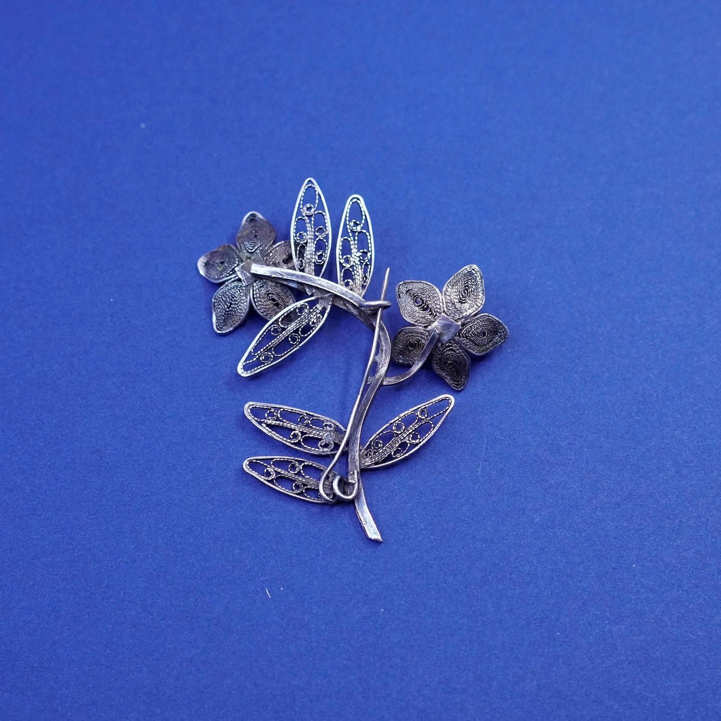 Vintage sterling silver handmade brooch, 925 filigree flower pin