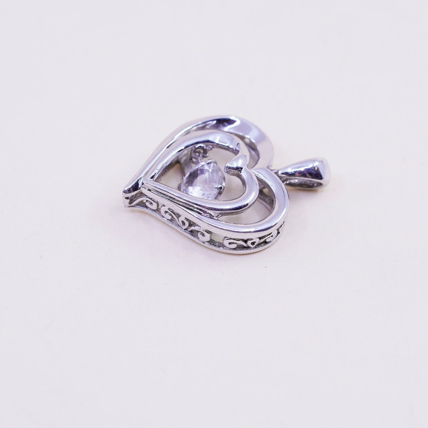 Vintage sterling 925 silver heart pendant with clear Cz