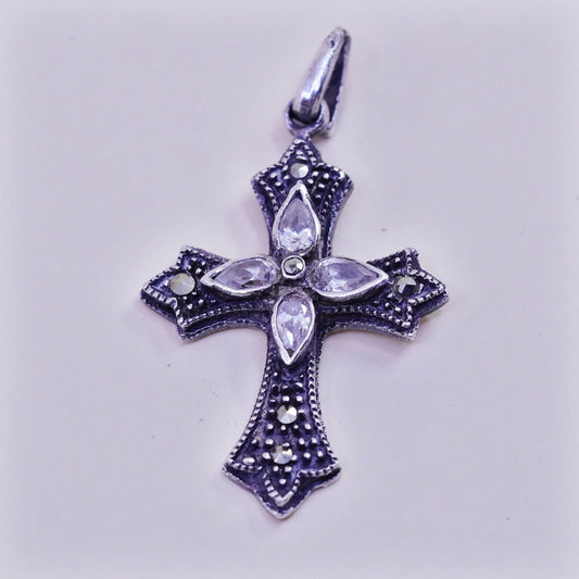 Vintage handmade sterling 925 silver handmade cross pendant with marcasite cz