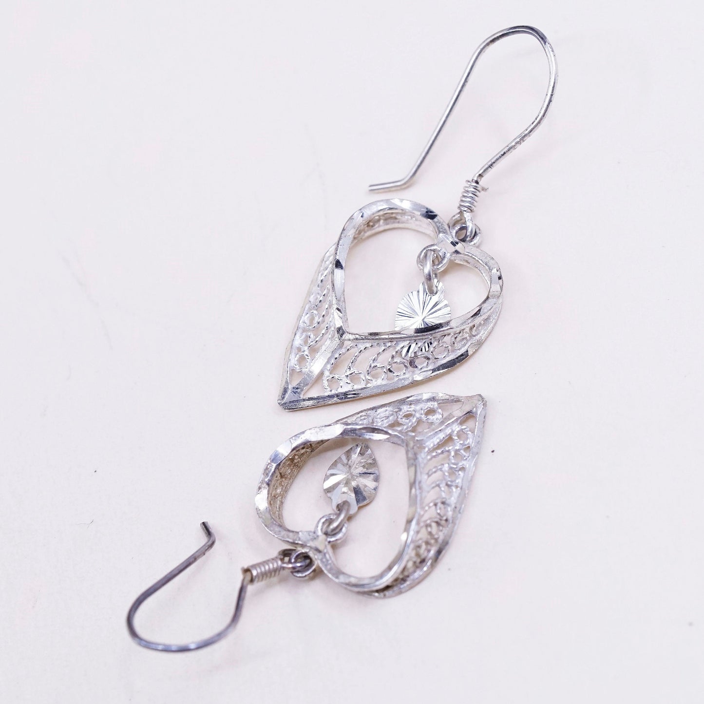 Vintage sterling silver handmade earrings 925 filigree heart