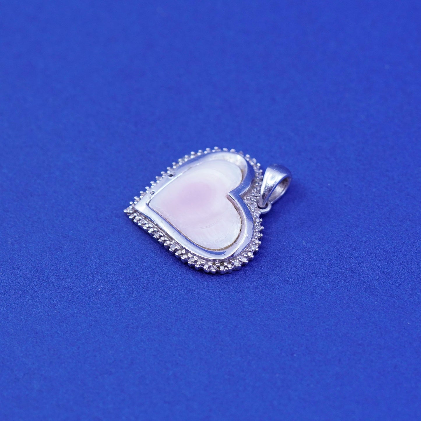 Sterling 925 silver handmade pendant with heart pink mother of pearl N diamond