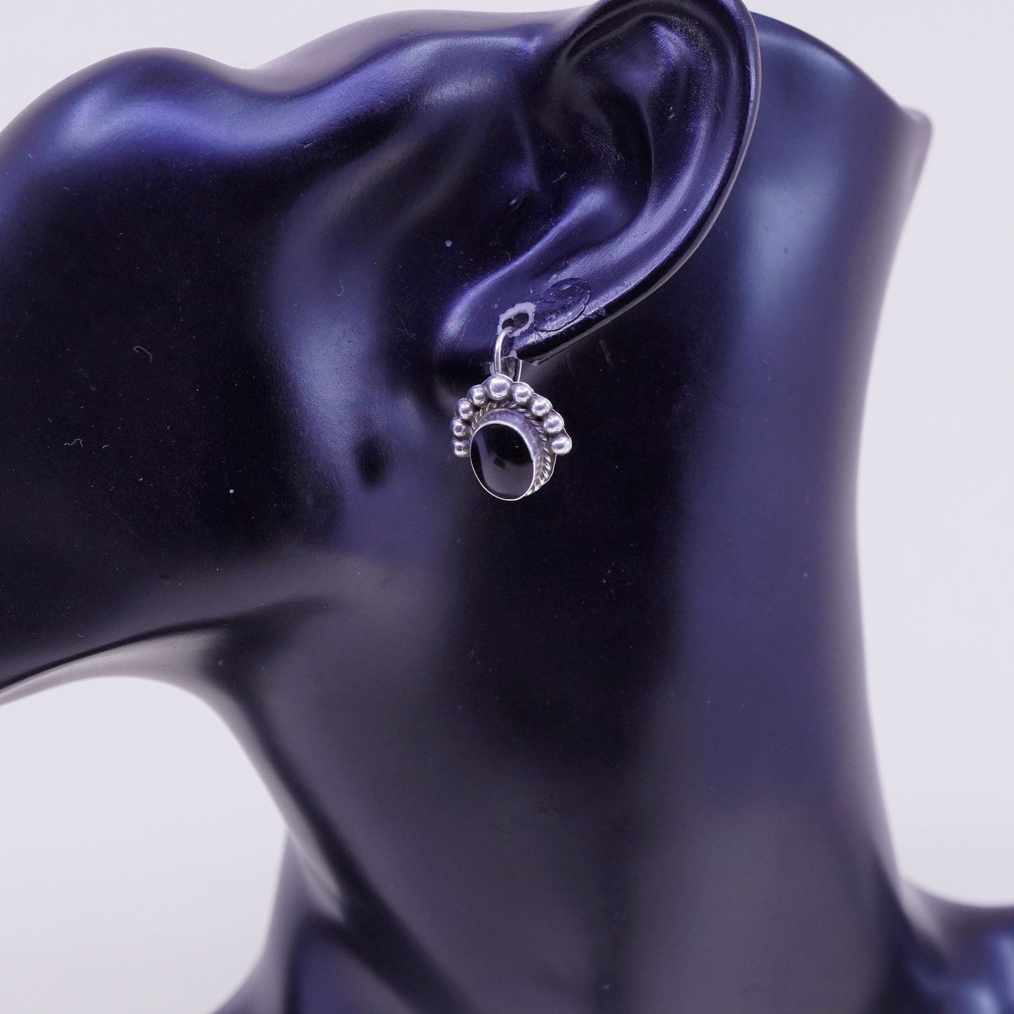 Vintage Sterling 925 silver handmade earrings with oval obsidian drops