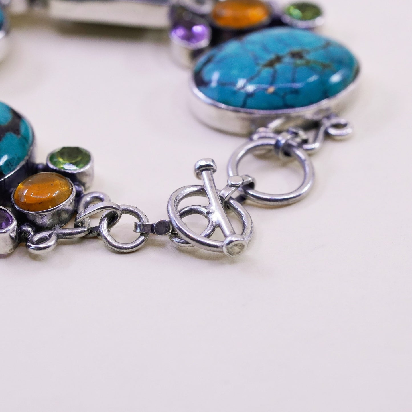 7.25”, southwestern Sterling 925 silver bracelet with dry creek turquoise amber