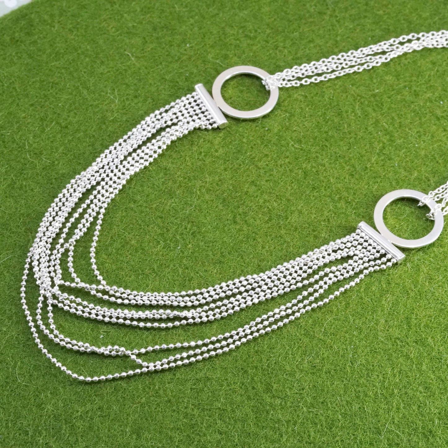 18+2”, Italy sterling 925 silver circle chain necklace w/ beads fringe pendant