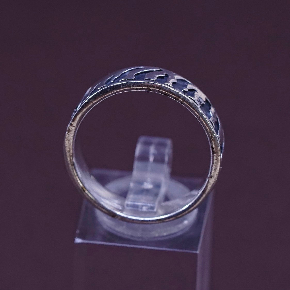 sz 11, vtg Sterling silver handmade ring, 925 band w/ fire embossed