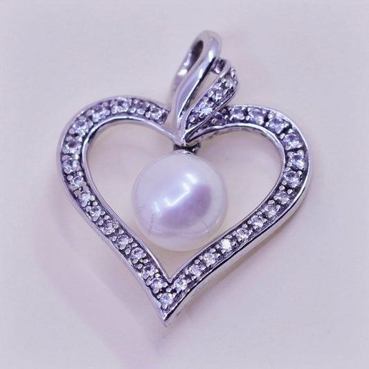 Vintage sterling 925 silver heart pendant with cluster clear Cz and pearl