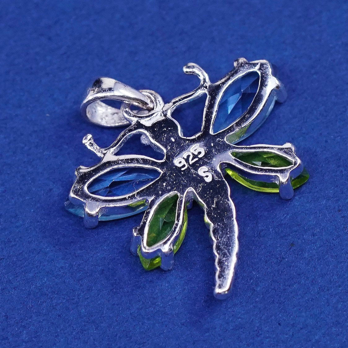 vtg Sterling silver handmade butterfly pendant, 925 w/ blue N green cz