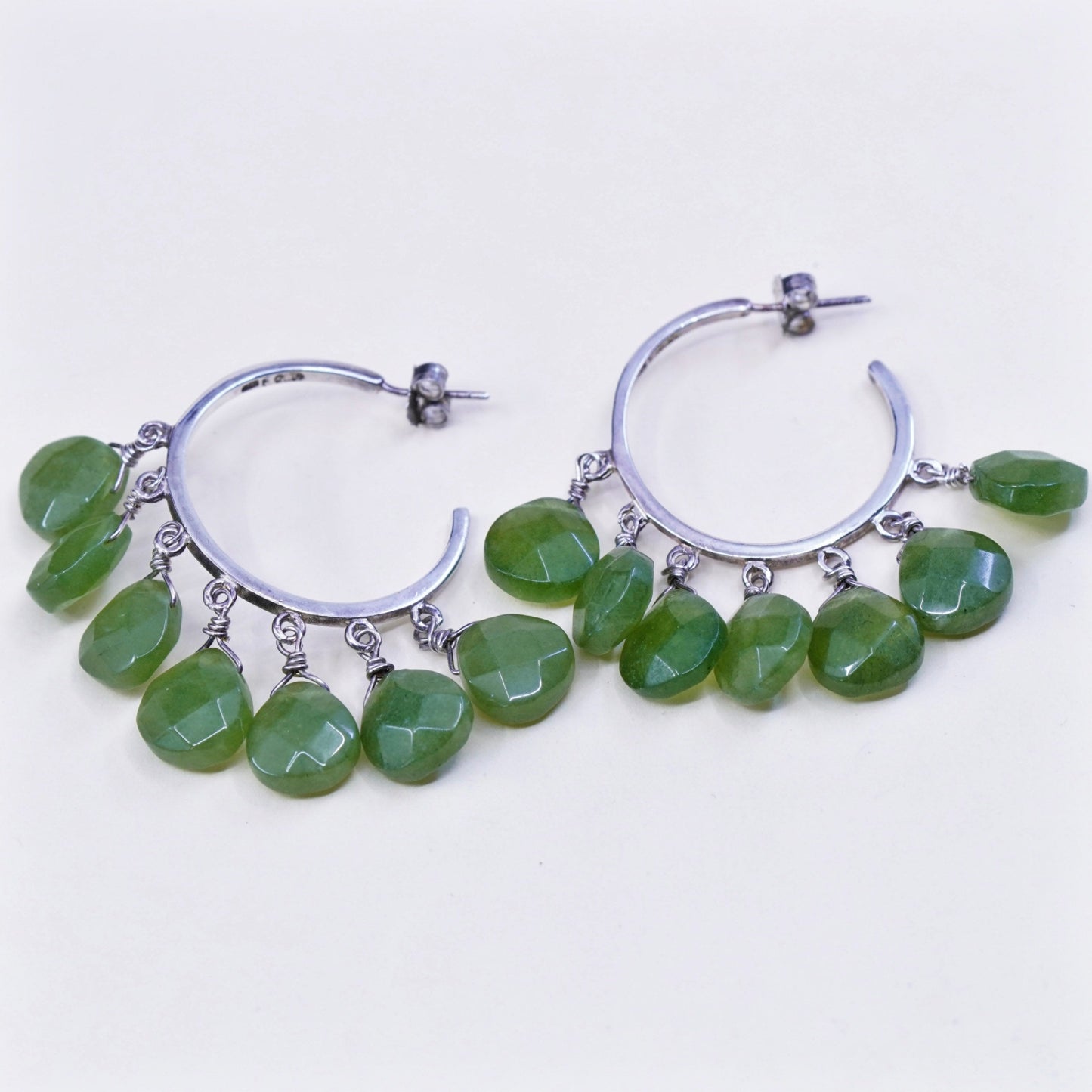 Sterling silver handmade earrings, 925 hoops Huggie with cluster teardrop jade