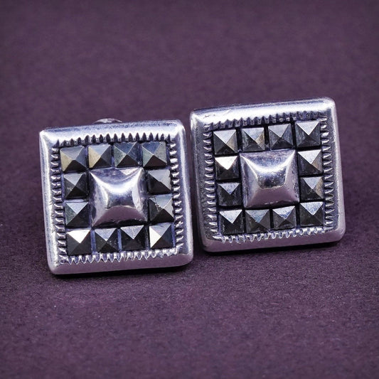 vtg Sterling silver handmade earrings, Mexico 925 square studs w/ marcasite