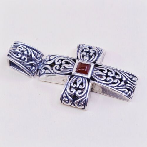 Vintage Sterling Silver Handmade Pendant, 925 Filigree Bali cross W/ Carnelian