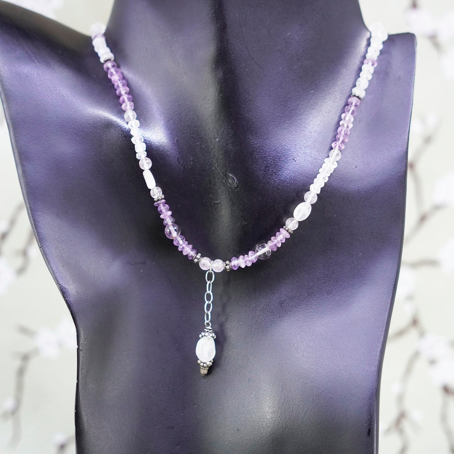 16”, vintage sterling silver handmade necklace with amethyst moonstone