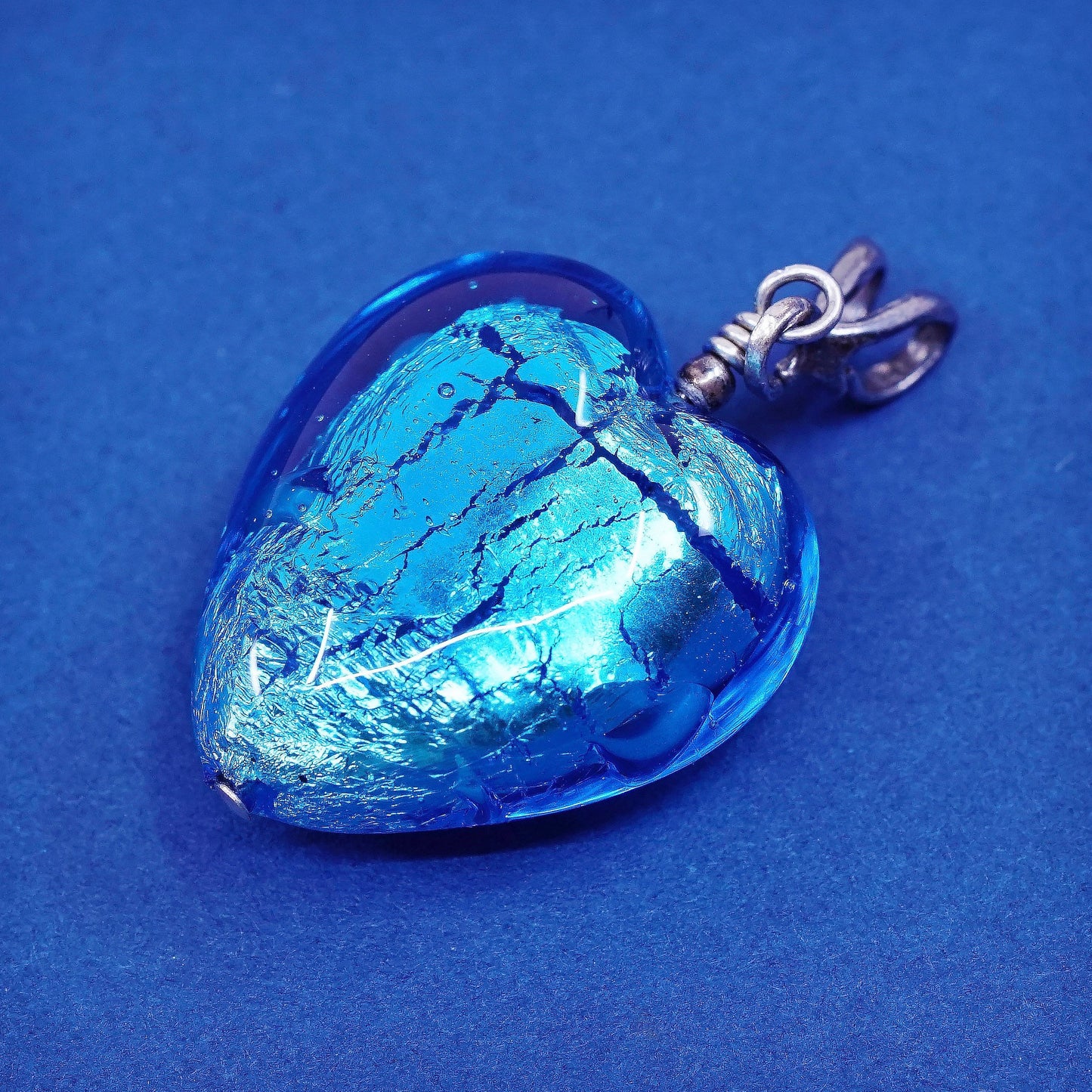 vtg sterling silver handmade pendant, 925 with blue dichroic heart