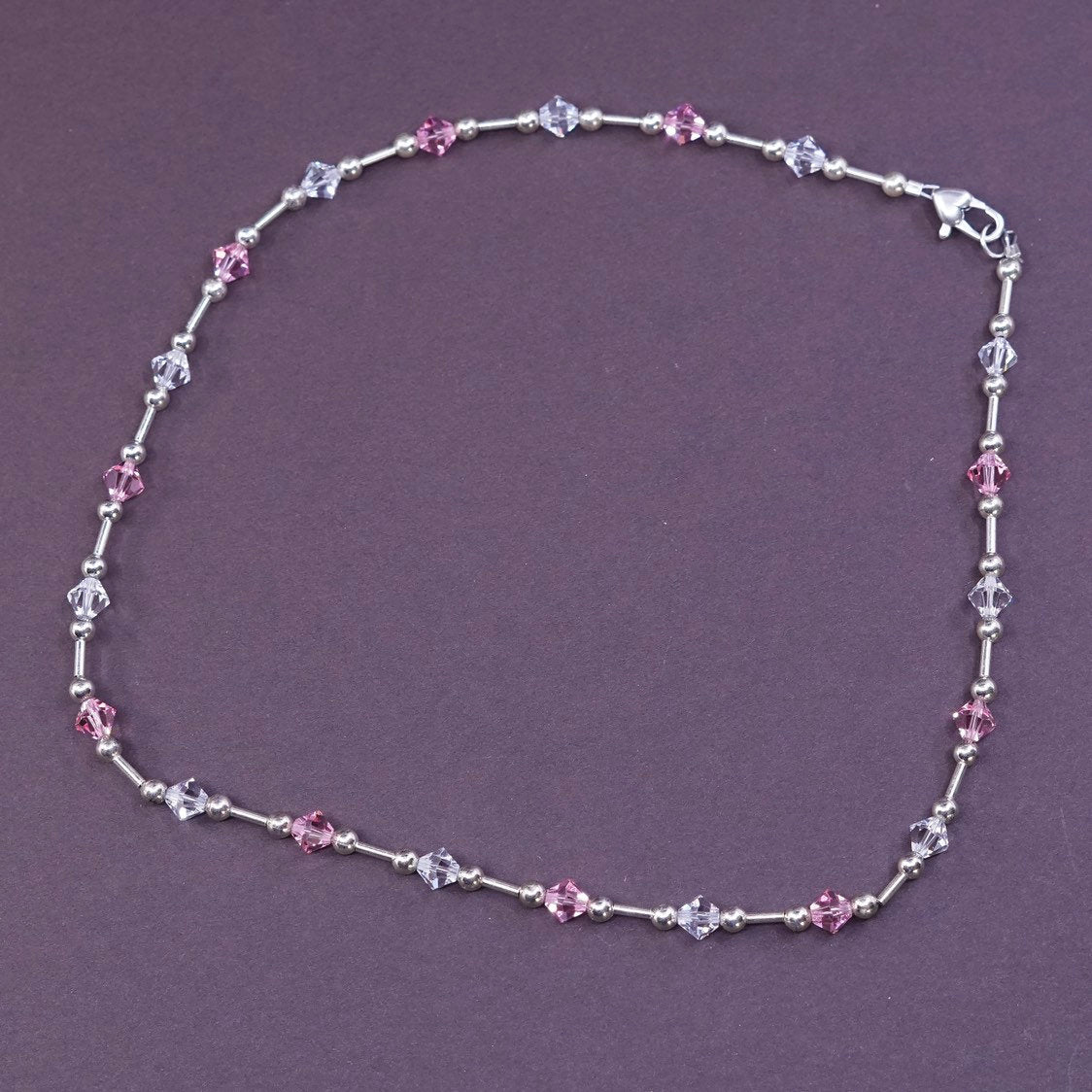 16" vtg Sterling silver necklace, 925 beads w/ pink crystal beads