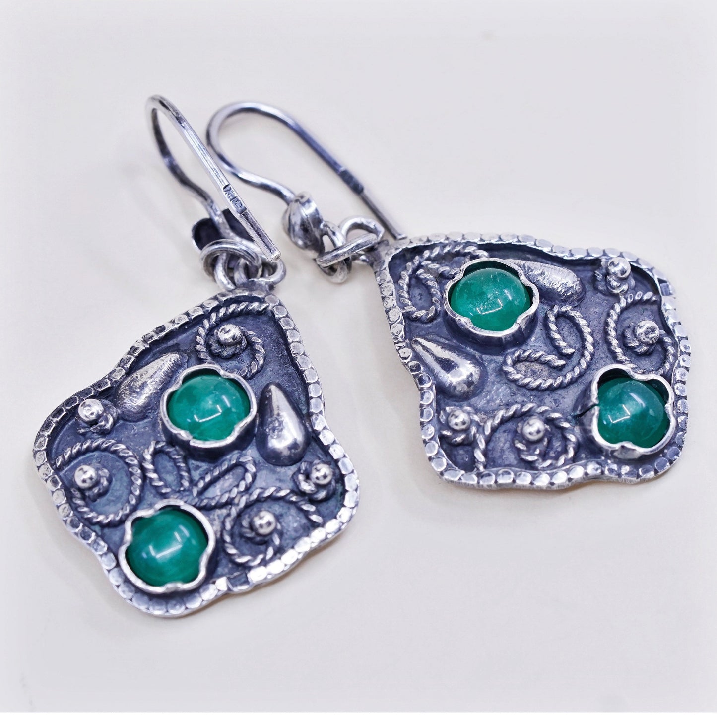 Vintage Native American sterling silver handmade earrings, 925 bali with jade