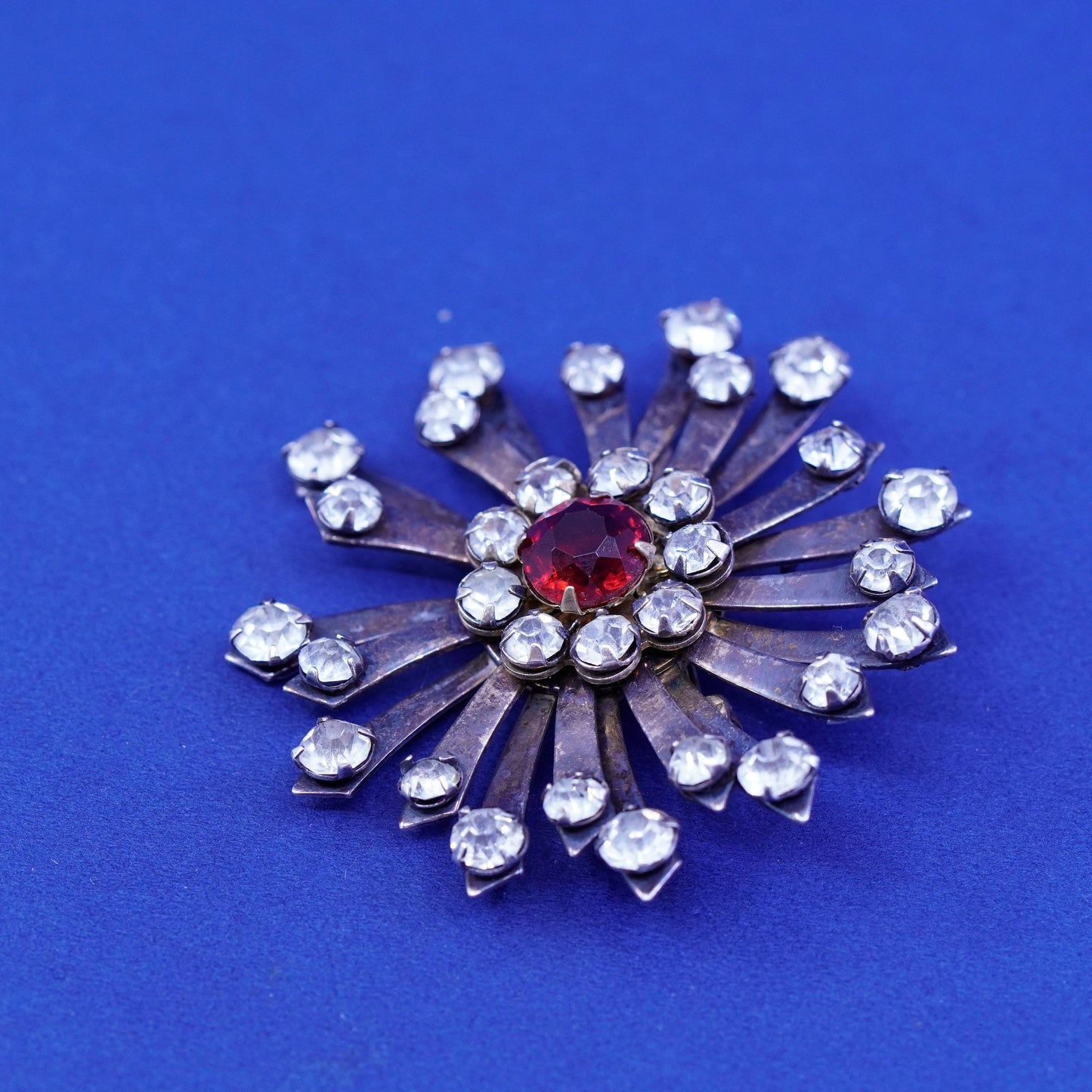 vtg Sterling silver handmade brooch, 1950s 925 flower snowflake pin rhinestone