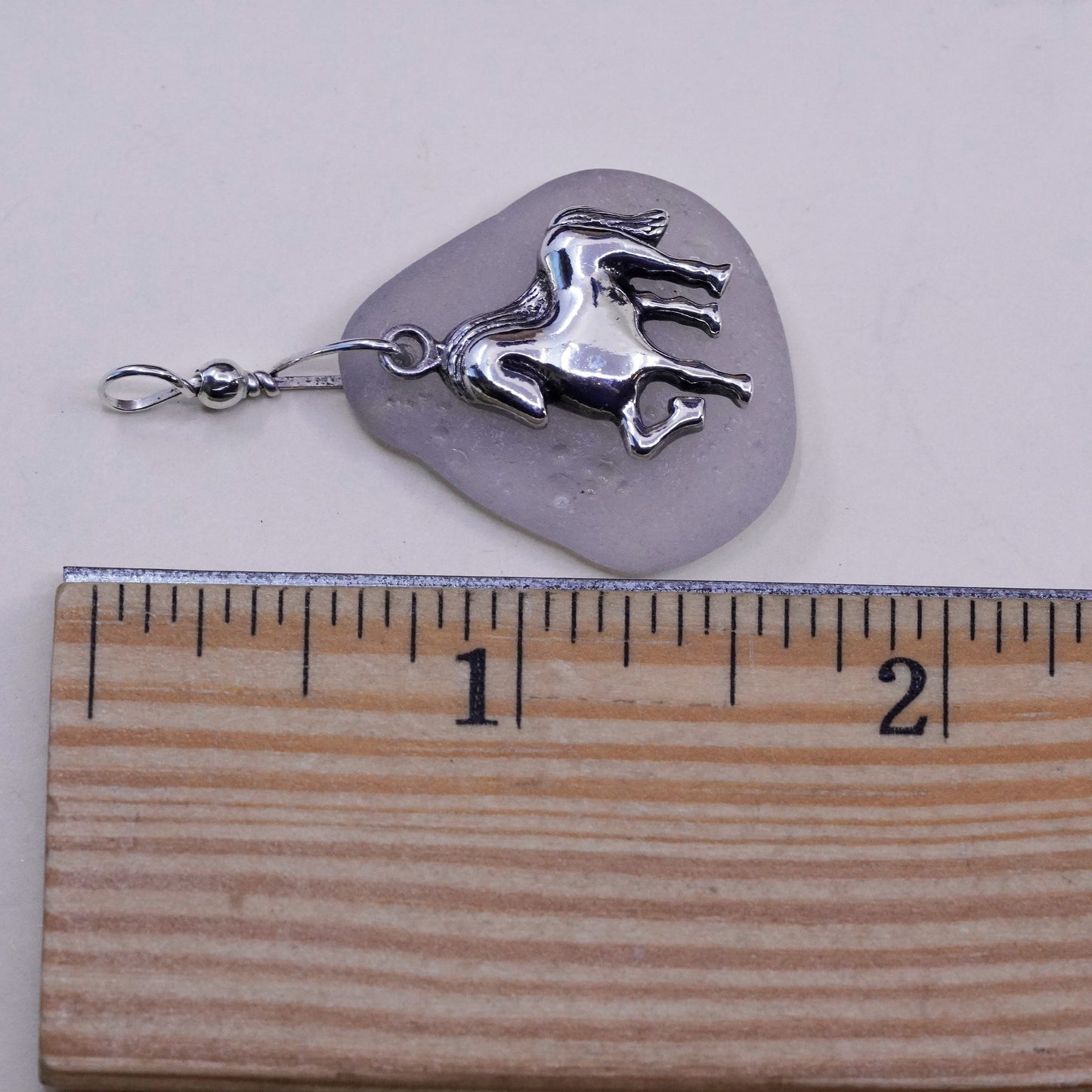 Vintage Sterling 925 silver handmade pendant, horse with seawashed glass