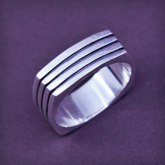 Size 11, Sterling silver handmade square ring, 925 ribbed band, modernist