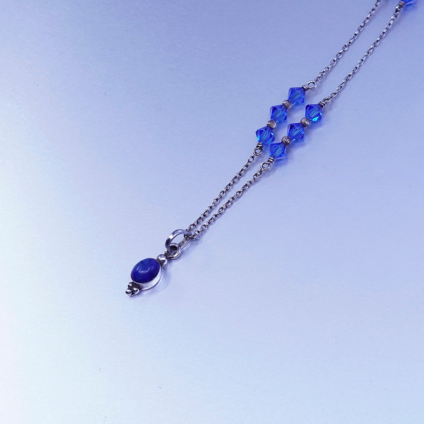 20”, Sterling 925 silver handmade double circle necklace lapis lazuli Crystal