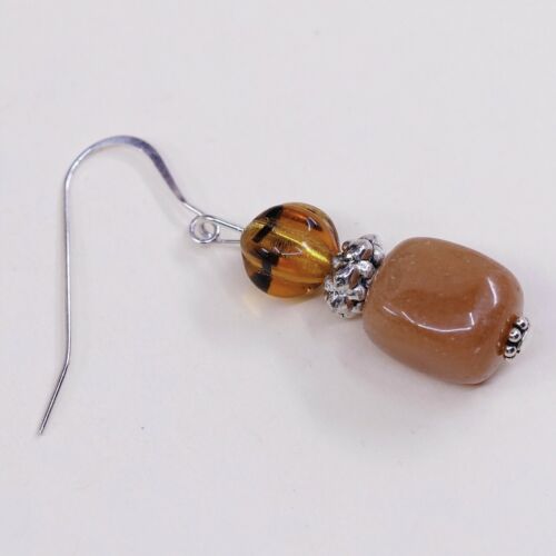 Vtg Sterling Silver handmade Earrings, 925 Silver W/ Orange Agate N Amber