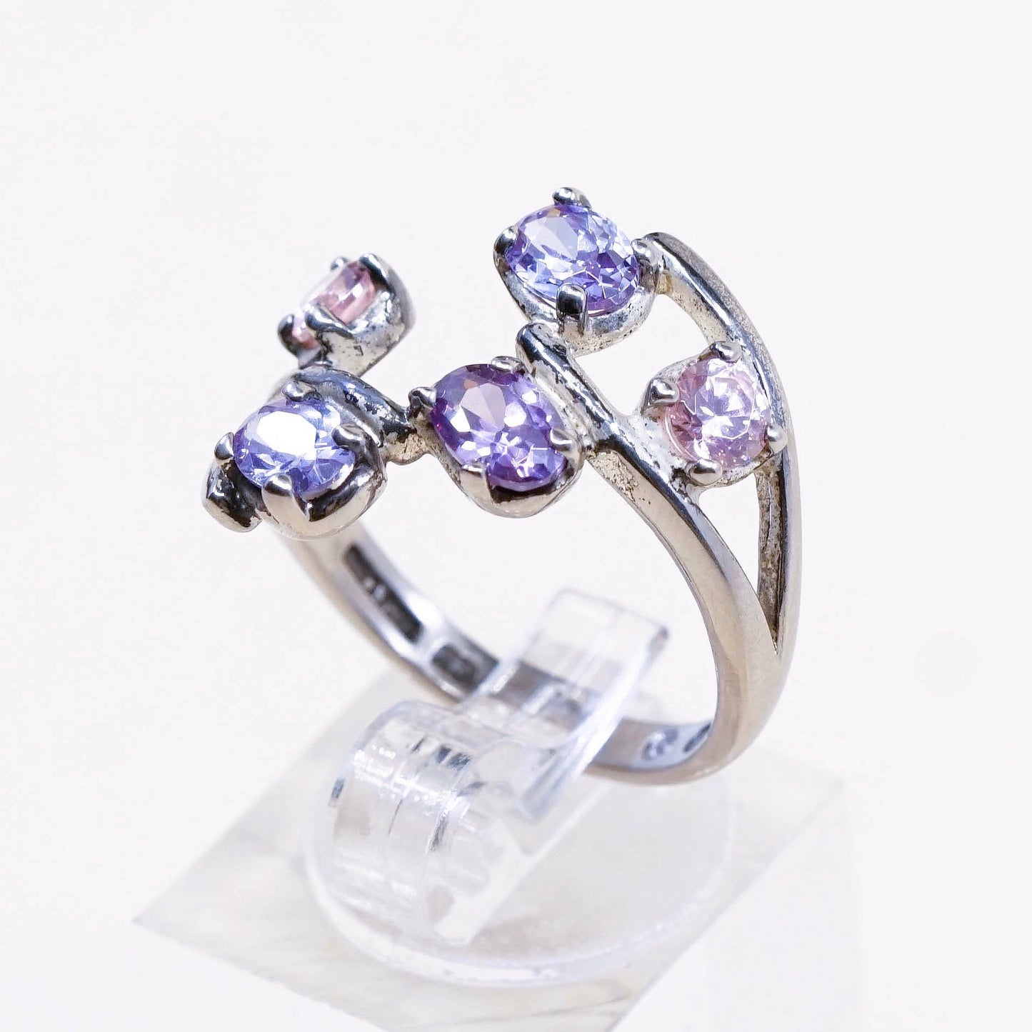 sz 8.25, vtg Sterling silver handmade cocktail ring, 925 with cluster amethyst