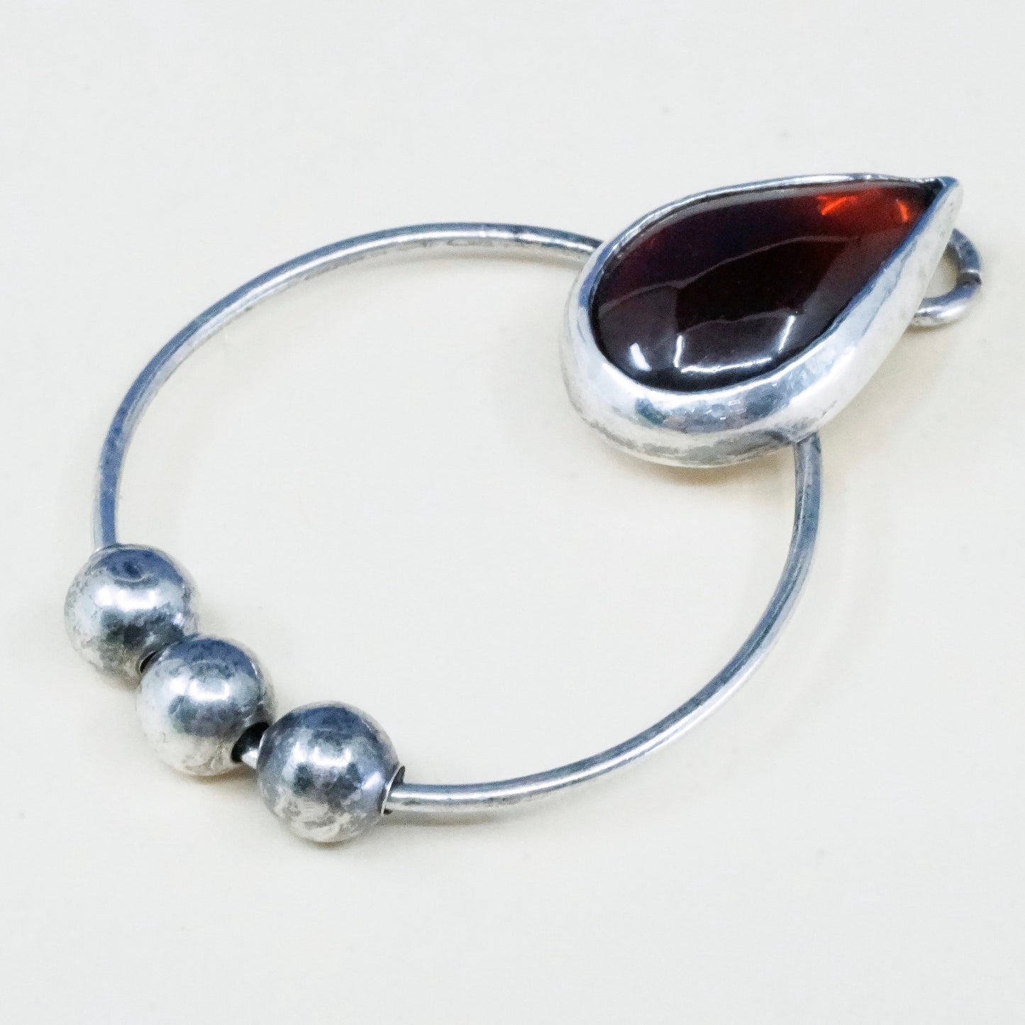 vintage Sterling silver handmade pendant, 925 circle with beads teardrop garnet