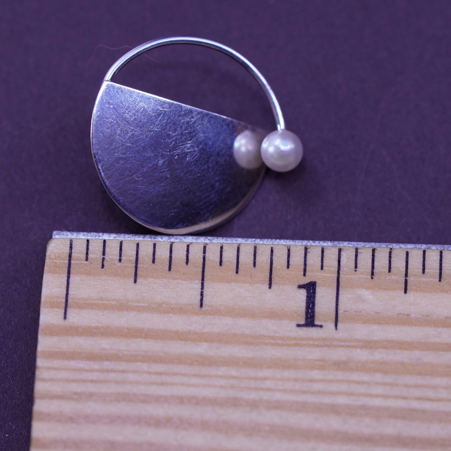 Vintage Sterling silver handmade disc studs, circle earrings with pearl